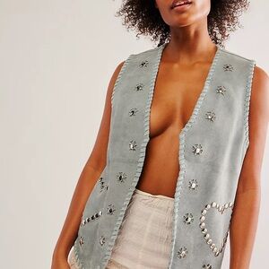 Free People Light Blue Suede Studded Vest NWT